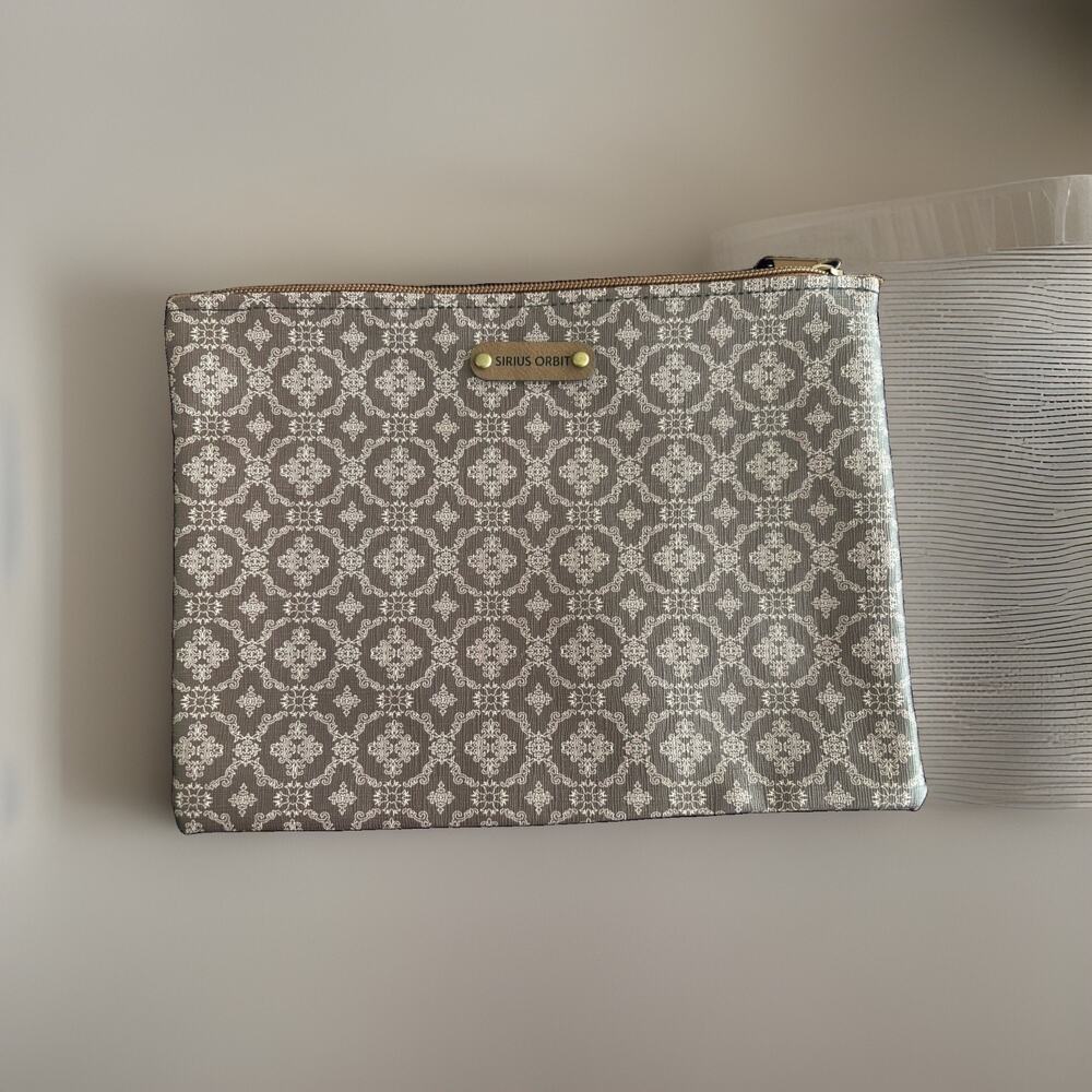Sirius Orbit Gray White Patterned Fabric Zip Makeup Bag Cosmetic Pouch